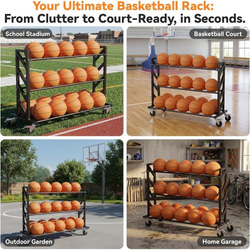 Basketball Racks for Balls, Heavy Duty Ball Cart with Wheels, Basketball Storage 3-Tier 20-Ball Heavy Duty Ball Cart for Gym Garage,Drop Pin for Shooters Preference