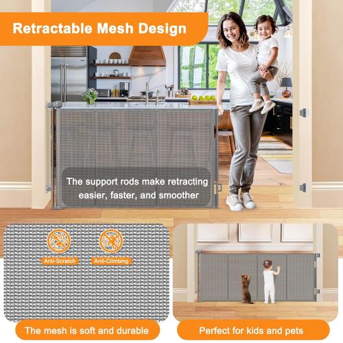 Upgrade 80” No Drill Retractable Baby Gates for Doorways No Drilling Mesh Gate with Support Rod - Prevent Bottom Escape Large Baby Gate No Drill Retractable Gate Outdoor Retractable Pet Gates for Dogs