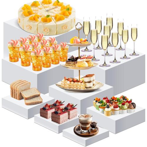 8PCS Buffet Risers, Food Risers for Buffet Table, Display Stand for Catering Dessert, White Acrylic Cube Boxes Nesting Risers for Cupcake Candy Food, Parties, Brunch (10'',9'',8'',7,6.5,6,5.5,5)