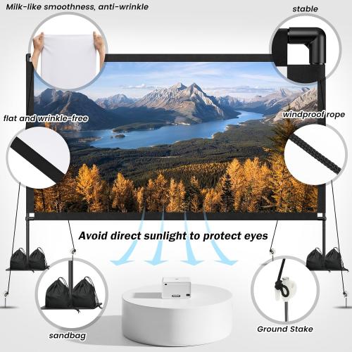 120inch Projector Screen with Stand: Portable Projector Screen Outdoor Indoor Front/Rear16:9 4K HD with Carry Bag Sandbag- Movie Screen for Backyard Moive Night, Camping, Theater