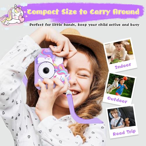 Unicorn Toys Camera for Kids Girls Age 3-8, Toddler Kids Digital Camera Christmas Birthday Gifts for 3 4 5 6 7 8 Years Old Girl, Cute Selfie Video Camera, HD 1080P, 32GB SD Card, Purple