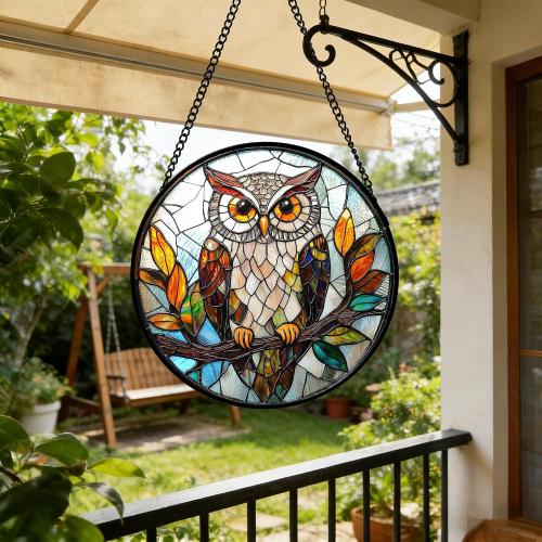 DASTOLL Stained Glass Window Hanging, Owl Colorful Leaves Birds Sun Catchers Diamond Glass Panel Hangings Suncatcher Decor for Birthday for Women, Men, Wife, Aunt, and Mom 14.9x14.9 in