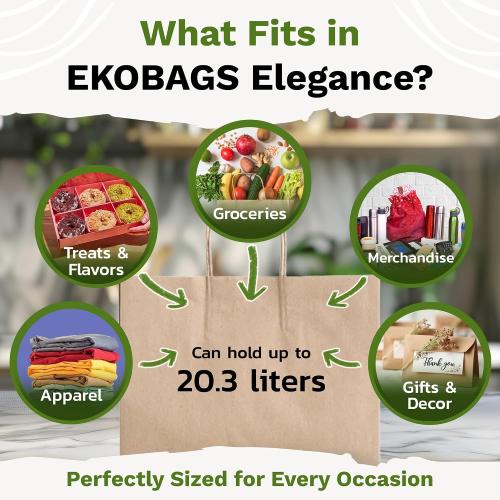 EKOBAGS SIENNA 100 | Extra Large 12x8x13 Heavy Duty Kraft Paper Gift Bags with Handles | 115 GSM Premium Brown Paper Bags Bulk for Small Business, Boutique, Shopping, Catering | FSC Certified, Recyclable | Holds 10 lbs