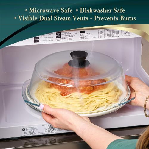10in Tall Glass Microwave Splatter Cover for Food - Cookware & Bakeware Serving Dish Cover, Plate Splatter Guard Lid with Easy Grip Silicone Handle Knob - 100% Food Grade BPA Free & Dishwasher Safe - 10in.