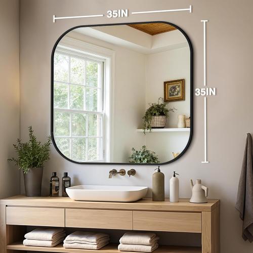 Bathroom Mirror for Wall, Black Bathroom Vanity Mirror for Over Sink 35 x 35, HD Reflection Shatterproof Square Mirror for Living Room Bedroom Entryway, Metal Frame