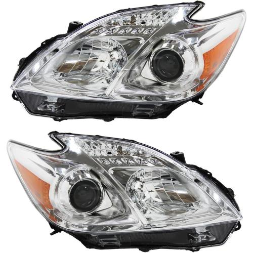 Headlight Assembly Fit for 2012-2015 Toyota Prius,Halogen Headlamp Replacement Driver Passenger Side Chrome Housing Amber Reflector Clear Lens TO2518134 TO2519134