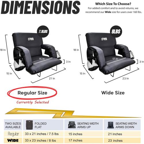 BRAWNTIDE Stadium Seat for Bleachers with Back Support - Wide Padded Reclining Bleacher Seat, Portable Folding Stadium Chair with Armrests, Hooks, Straps, Cup Holders & Pockets (Black, 21, 2 Pack)