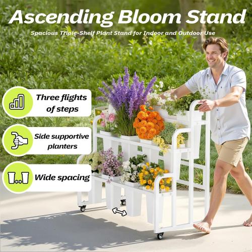 Flower Display Stand with 11 Buckets, Moving Florist Bouquet Shelf, Upgrade 360° Swivel Wheels and Brake, Flower Cart 3 Layers for Indoor, Outdoor Patio Garden, Living Room, Florist (White)