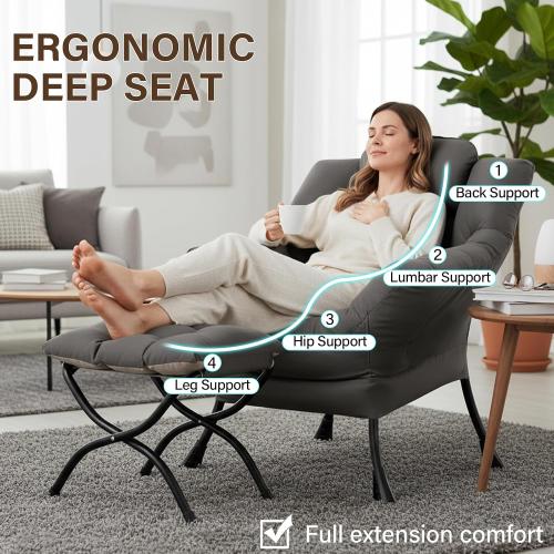 Welnow Lazy Chair with Ottoman, Reading Chair with Footrest,Dark Grey | A Side Pocket,Armrests,Foldable Footrest,Thick Cushioned Seat & Backrest, Lounge Chair for Bedroom,Living Room & Small Space