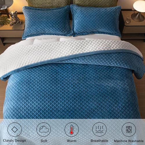 Queen Size Velvet 3-Piece Quilt Set - Ultra Soft Bedding with 2 Pillow Shams, Lightweight Reversible Coverlet Bedspread with Plaid Quilting for All Seasons, Royal Blue/White 90x96 Inches