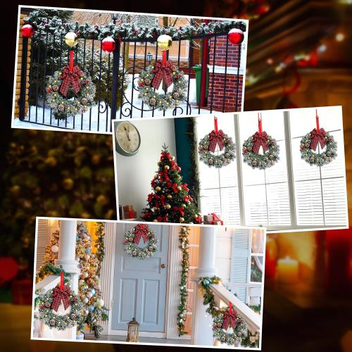 Geosar 3 Pcs Lighted Christmas Wreath, 13.8 Inch LED Christmas Wreaths with Buffalo Check Bow Pine Cone Berry, Small Lighted Xmas Window Wreaths for Front Door Wall Party Decor (Frosted)