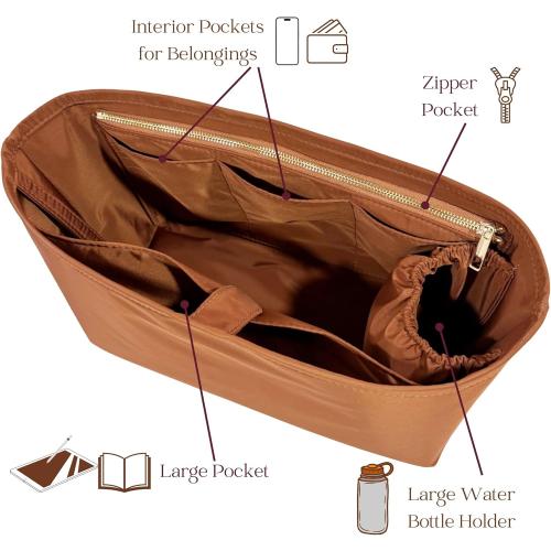 Organizer for Tote Boat, Small/Medium/Large/Extra-Large, Nylon Bag Insert, Water Resistant Material (Large, GoldBrown)
