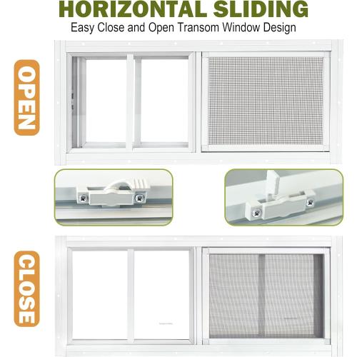 2 Pack Sliding Shed Windows 10x18, White | Transom Window with Tempered Glass and Removable Fiberglass Screen, Suitable for Chicken Coop, shed, Household, Barn