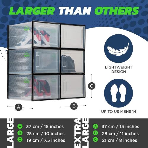 BLACK LARGE 6 pack - 14.6 Inches Long for BIG Shoes & Sneakers, Shoe Storage Organizer, Shoe Storage Boxes, Shoe Box Clear Plastic Stackable, Shoe Containers, Shoe Organizer for Closet