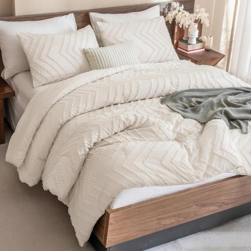 Andency King Size Comforter Set Beige, Boho Cream Soft Warm Tufted Neutral Bedding Comforter Sets for King Size Bed, 3 Pieces Aesthetic Chevron Farmhouse Cute Bohemian Textured Bedding Set