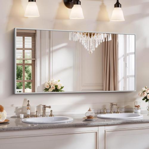 Silver 48x24 YIROMAN Bathroom Mirror 48x24, Large Brushed Silver Bathroom Mirror for Over Sink with Aluminum Frame, Rectangular Vanity Mirror with Right Angle, Wall Mirror Hangs Horizontal or Vertical