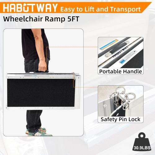 HABUTWAY 5ft Wheelchair Ramp, Portable Wheelchair Ramps for Home Steps, Double Non-Skid Ramps Hold Up to 800Lbs, Threshold Ramp for Home,Stairs, Curbs,Steps,Doorway