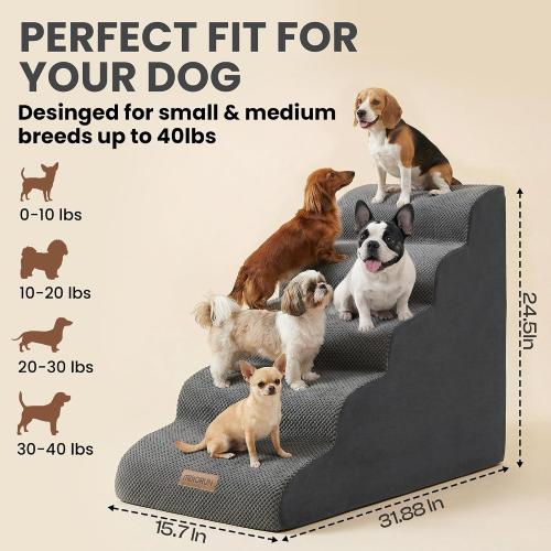Dog Stairs for High Beds Up to 30, Extra-Tall 5-Step Dog Steps for Bed, 24.5 Tall Foam Pet Stairs for Small & Medium Dogs, Gentle Slope Cat Ramp for Bed with Washable Cover