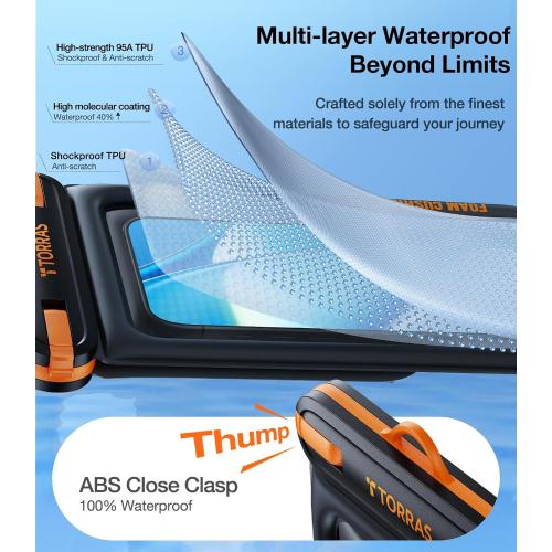 7 Black TORRAS IP68 Waterproof Phone Pouch Double Space, Floating Waterproof Phone Case with Lanyard for iPhone 16 Pro Max 15 14 13 S25 S24, Phone Dry Bag Vacation Cruise Ship Travel Essentials 7.0'', Black