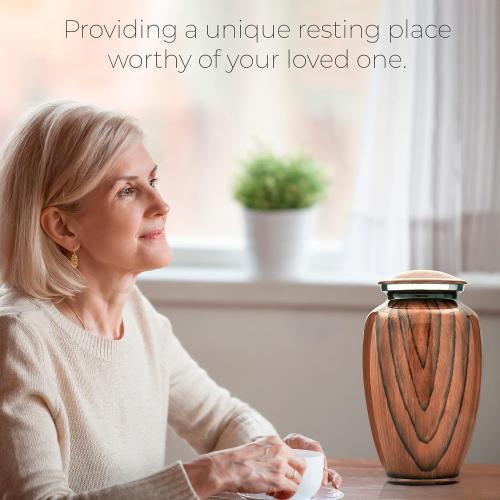 Aubree Woodgrain Aluminum Urns for Adult Male. Cremation urns for Human Ashes Adult Female. Decorative Wood urns for Human Ashes by Restaall