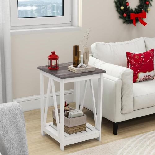 Farmhouse Square End Table, Accent Side Table with Slats Design, Sofa Side Table with Sturdy Frame for Living Room, Oak Grey