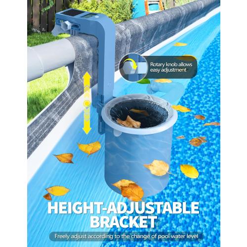 BluSwim Above Ground Pool Skimmer with Solar Digital Thermometer | Wall Mount Surface Skimmer - Auto Skimming Pool Floating Debris | 2 Upgraded Bracket - Stable&Height Adjustable-Steel Blue