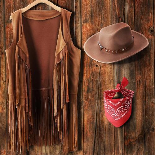 Size S/M....PARTTELY Western Outfits for Women Cowgirl Tassel Sleeveless Vest Cowboy Hat and Paisley Bandana