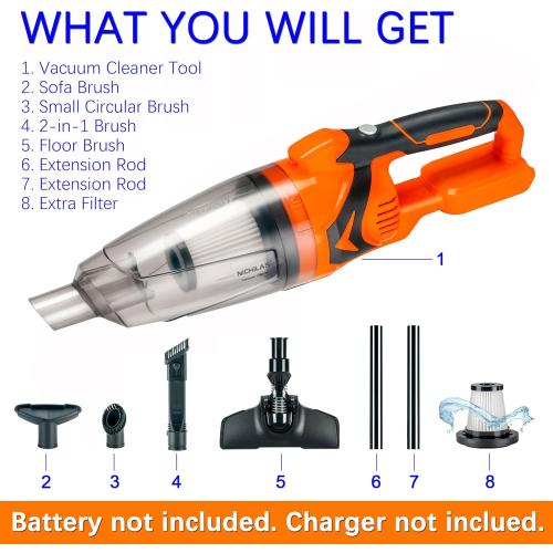 Cordless Vacuum Cleaner Handheld Stick Vacuum Cleaner 10kPa Powerful Suction 4 Different Heads for Home Pets Floor Car, Compatible with DEWALT 20V MAX Batteries (NO Battery)