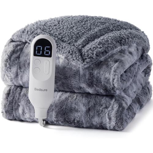 Bedsure Faux Fur Heated Blanket Throw Blanket, Fast Heating Electric Blanket with 6 Heating Levels & 4 Time Settings, Cozy Gifts for Women Men (50x60 inches, Grey)