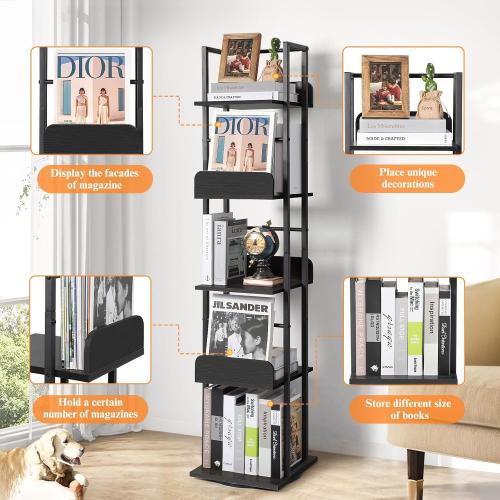 Bikoney Rotating Bookshelf, 360 Display Spinning Bookshelf Tower, 5-Tier Narrow Bookcase, Tall Industrial Book Shelf Organizer, Small Corner Book Shelves for Living Room, Black