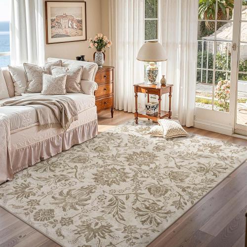 jinchan Torino Floral 5x7 Area Rugs, Vintage-Inspired Neutral Design Accent Rug, Machine Washable Ultra-Thin Low-Pile Non-Slip Traditional Carpet for Living Room Bedroom Dining Room Home Office, Taupe