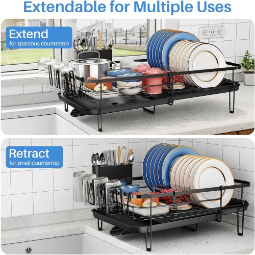 SNTD Large Dish Drying Rack - Expandable Dish Rack for Kitchen Counter, Stainless Steel Dish Drainer Rack with Utensil Holder and Cup Holder, Black