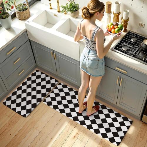 KIMODE Farmhouse Kitchen Rugs, Anti-Fatigue Kitchen Mats, Non-Slip, Cushioned Standing Mat, 17x47 17x29, Black Diamond Check