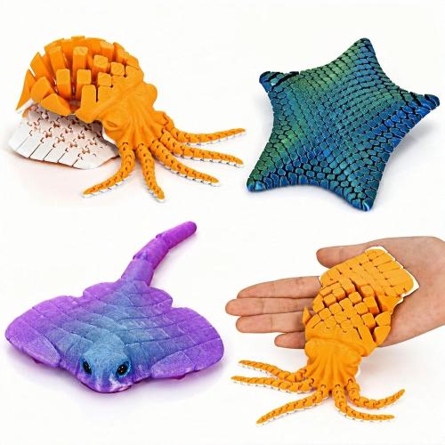 GemmiCho 3 Pack 3D Printed Animal Fidget Toys, Cute Articulated Sea Animals Set with Flexible 3D Printed Starfish, Manta Ray, Octopus, Cool 3D Printed Stuff for Gifts Home Decor Desk Pets