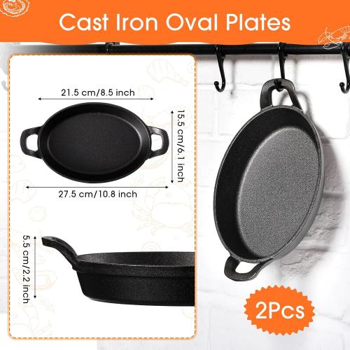 Mifoci 2 Pcs Oval Serving Dish Mini Cast Iron Skillet Cast Iron Baking Pan Sizzling Plate Matte Black Gratin Cookware for Home Restaurant Kitchen Food Service Barbecue (10.8 X 6.1)
