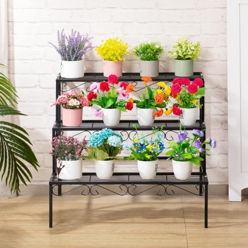 DOEWORKS 3 Tier Stair Style Metal Plant Stand, Garden Shelf for Large Flower Pot Display Rack Indoor Outdoor, Black