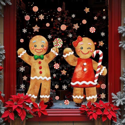 Ivenf Christmas Window Clings Decorations: 2 Sheets Extra Large Gingerbread Man Couple Window Stickers, Cute Gingerbread Peppermint Candy Canes Snowflake Decals for Home Office Holiday Party Décor