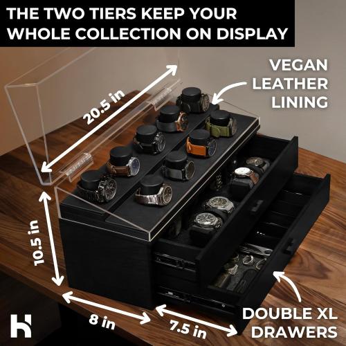 Holme & Hadfield Premium 17-Slot Wooden Watch Display Case – Extra Large Handcrafted Men’s Watch Box with Two Drawers – Birthday Gift for Crazy Collectors – Luxury Built to Last