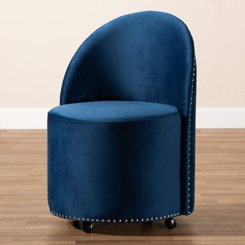 Baxton Studio Bethel Glam and Luxe Navy Blue Velvet Fabric Upholstered Rolling Accent Chair  ( the  polyurethane wheels is broken see the pictures)