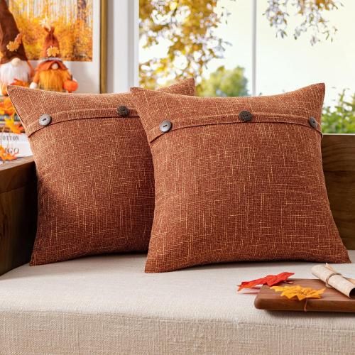 MIULEE Set of 2 Linen Throw Pillow Covers Cushion Case Fall Triple Button Vintage Farmhouse Pillowcase for Couch Sofa Bed Living Room 20 x 20 Inch Rust