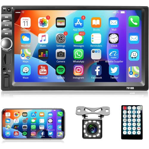 Rimoody 7 Inch Double Din Car Stereo Car Radio Touch Screen Bluetooth Handsfree Mirror Link USB SD FM Multimedia Radio with Backup Camera Wireless Remote Control Car Audio Receivers