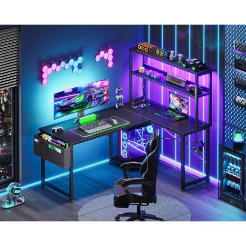 AODK L Shaped Desk Gaming Desk with LED Light & Power Outlet, 43 Inch Reversible L Shaped Computer Table with Shelf, Corner Desk with Storage Bag&Hook for Home Office Desk, Black