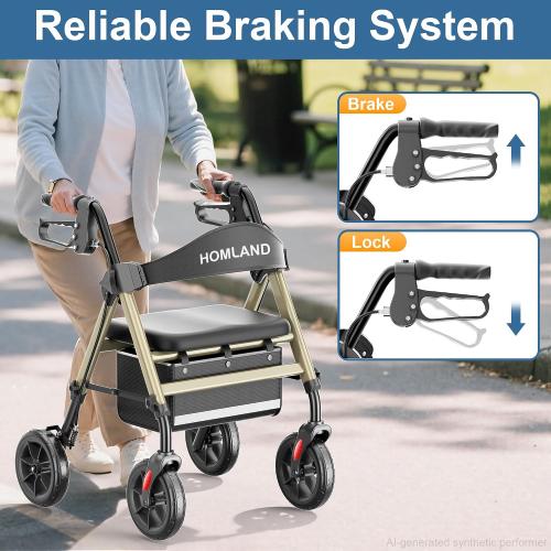 HOMLAND Foldable Walker for Seniors with Seat, 17lb Lightweight, Ergonomic | 350lb Capacity, 8 All-Terrain Wheels, Adjustable Height, Easy to Assemble, Lightweight Aluminum Frame, Champagne