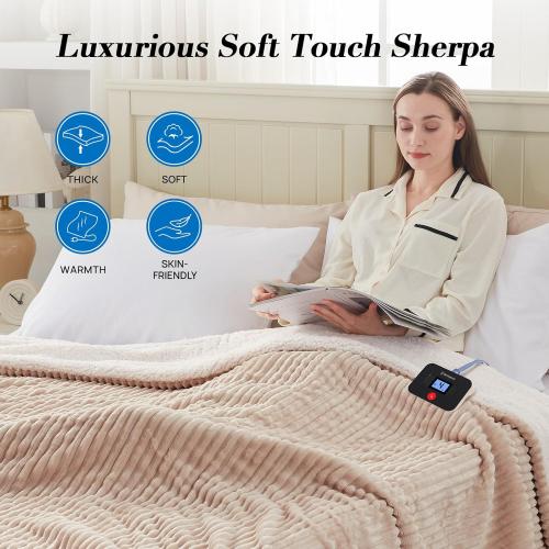 Westinghouse Electric Blanket Twin, Soft Ribbed Flannel to Sherpa Heated Blanket with 10 Heating Levels & 1-12 Hours Auto Shut Off, Fast Heating & Machine Washable, 62x84 Inch, Beige