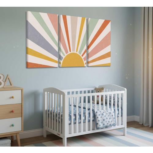 3 Pieces Nursery Boho Canvas Wall Art Rainbow Sun Rising on the Horizon Geometric Nature Illustration Line Pictures Wall Decor Posters Prints for Toddler Kids Room Home Decoration