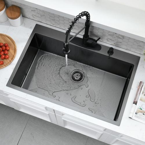 Size 36x22 Black Drop In Kitchen Sink and Faucet Combo Set - 36 Inch Black Stainless Steel Top Mount Kitchen Sink with Faucet, 10 Inch Deep Single Bowl Drop-in Sinks with Accessories