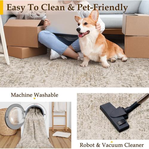 9x12 Beige Area Rug Vintage Living Room Bedroom Washable Carpet Non-Slip Soft Low Pile Distressed Indoor Large Throw Rug for Dining Room Office