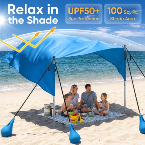 MoKo Beach Shade Canopy, 100 Sq.Ft. Wind-Supported Sunshade Sail for 4-6 People, Lightweight Easy Setup Beach Tent with UPF 50  Sun Protection for Family Travel Coastal Trips, Blue