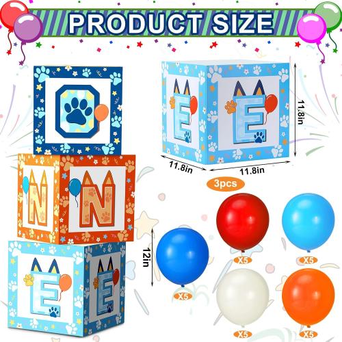 Lunmon 3 Pcs Blue Dog 1st Birthday Balloon Boxes Decorations