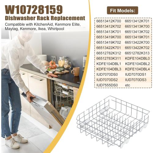 UPGRADED W10728159 W10525646 Dishwasher Lower Rack Replacement Compatible with Whirlpool Dishwasher Rack, Replace W10315890 W10078180 Kitchenaid Kenmore Elite Dishwasher Bottom Rack & WP3376961 wheels